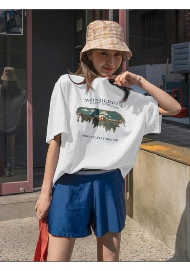 Kadin Beyaz Oversize Wonderful Baskılı T-shirt Beyaz