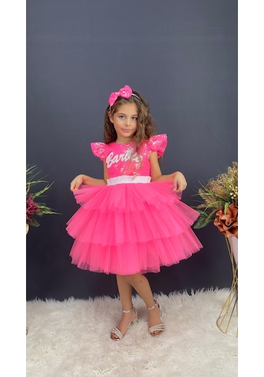 Barbie Taçlı Kız Çocuk Doğum Günü Parti Elbisesi Pembe