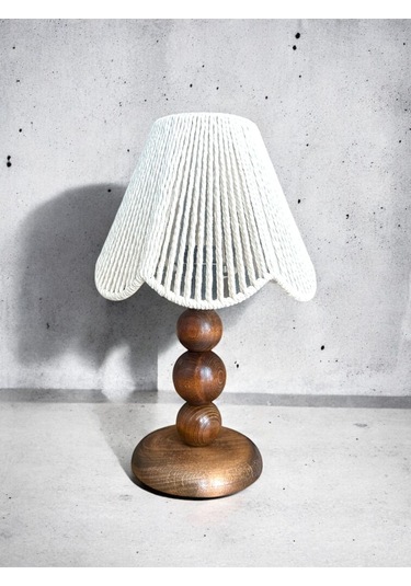 Makrome El Yapımı Bohem Ahşap Ayaklı Rustik Abajur Yatak Odası Salon Kafe Beyaz