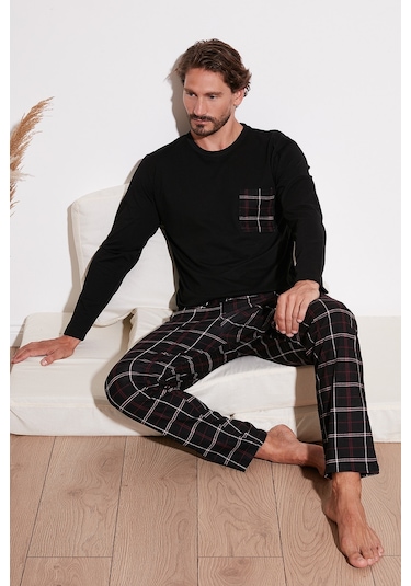Buratti  Ekoseli Cepli Beli Lastikli % 100 Pamuk Regular Fit Erkek Pijama Takımı 6572001 Siyah