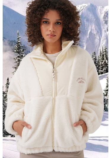 Gabria Baskılı Fermuarlı Peluş Mont Ekru