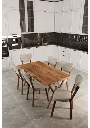 Elma 6 Kişilik Mutfak Yemek Masa Takımı Krem