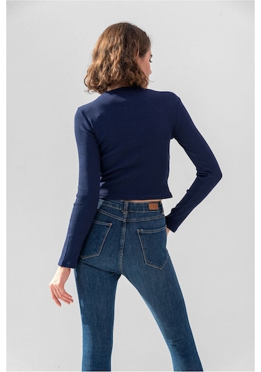 Gri Uzun Kollu Fitilli Bluz Crop Örme T-shirt Koyu Lacivert