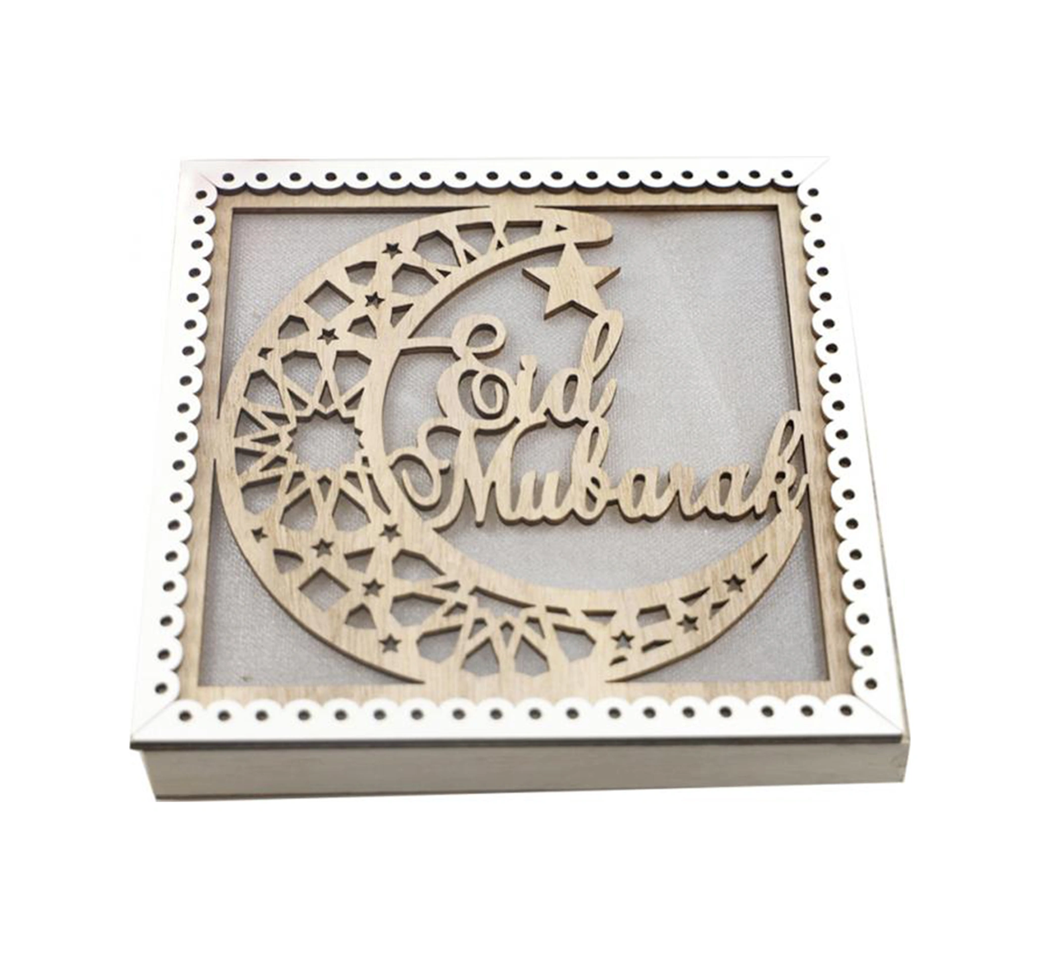 Youmex Muslim Bayramı Dekorasyonu Ahşap Ay Yıldız Mimari Desenli Led Işıklı Eid Mubarak - Jm01937 Sarı