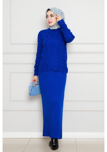 Dantel İşlemeli Jileli Triko Takım-saks Mavi-4433 Saks Mavi