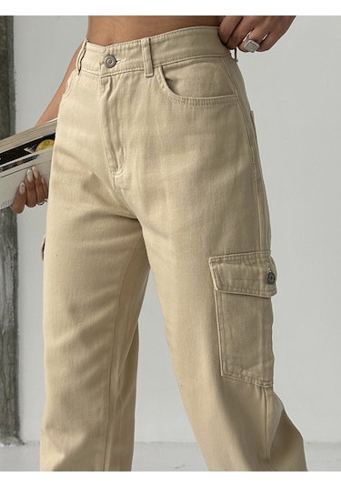 Kadın Paça Lastik Kargo Cep Keten Mom Pantolon Bej