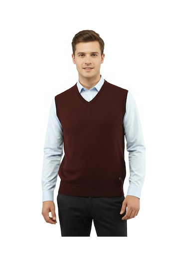 Çizgi Triko Erkek V Yaka Süveter Çelik Örgü Regular Kalıp 5200h Bgl-st04962 Bordo
