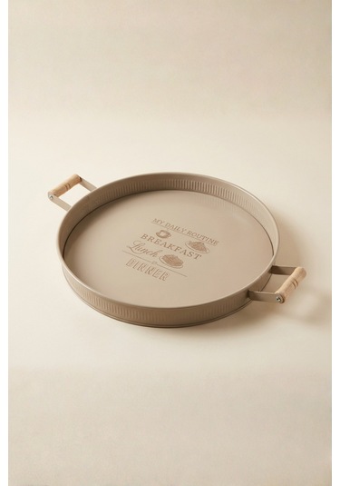 Ahşap Kulplu Yuvarlak Metal Servis Tepsisi 37 Cm Cappuccino