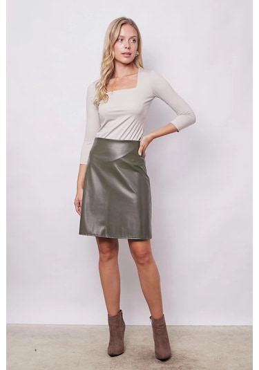 Kadın Hafif Likralı Deri Yüksek Bel Diz Boy Çan Etek-haki Haki