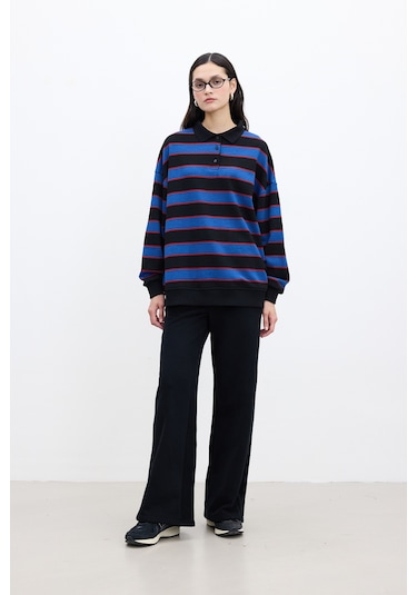 Polo Yaka Oversıze Sweatshırt Mavi Mavi