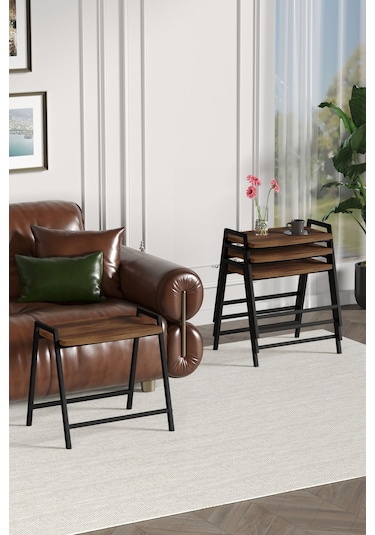 Zigon Sehpa , Aden 4'lü Tepsi Zigon Sehpa Takımı Siyah Metal - Barok Tabla Siyah-barok