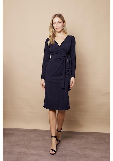 Kadın Kadife Kumaş Kruvaze Anvelop Bağcıklı Uzun Kol Diz Altı Elbise-lacivert Lacivert