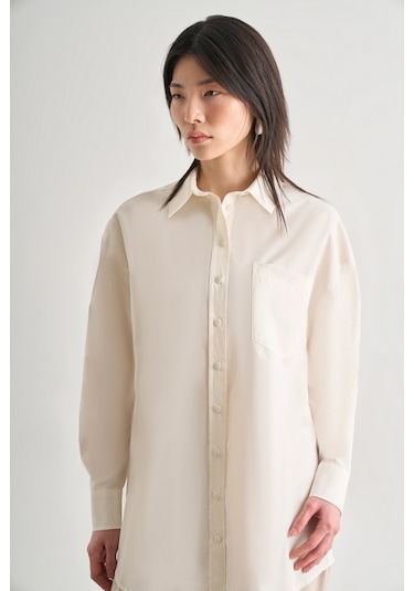 Mizalle Premium Saf Pamuk Ekru Oversize Gömlek Ekru