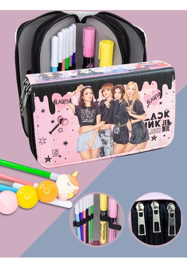 Kalem Kutusu Black Pink Blink Orginazer Vegan Deri Üç Bölmeli K