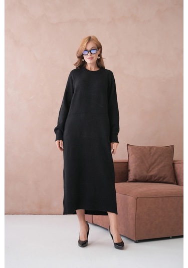Kadın Bisiklet Yaka Yumuşak Dokulu Maksi Boy Şardonlu Oversize Triko Elbise 8324sw Siyah