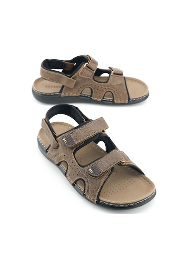 Gezer Yazlık Erkek Üstten Ve Bilekten Cırt Cırtlı Ayarlanabilir Suni Deri Rahat Taban Günlük Sandale Kahve