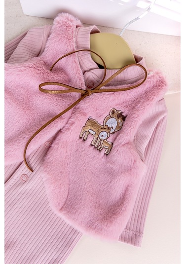 Peluş Yelekli Pamuklu İkili Kız Bebek Tulum Set Gülkurusu