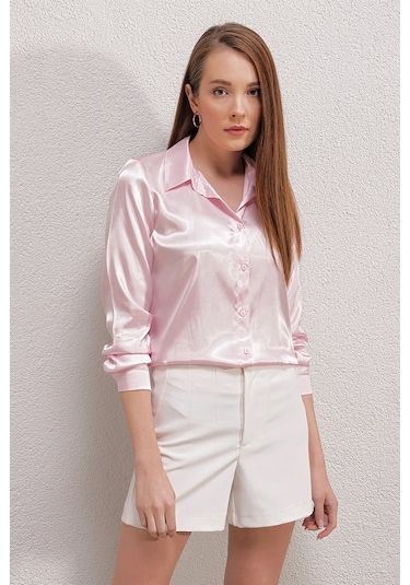 Bigdart 3964 Hafif Dökümlü Saten Gömlek - Pembe 001