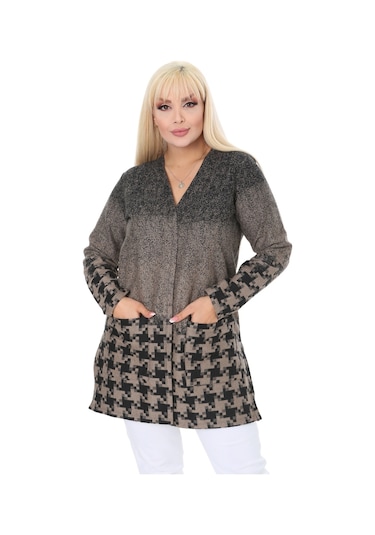 Melsay Butik Vizon Kazayağı Desen Kısa Büyük Beden Kadın Hırka Vizon