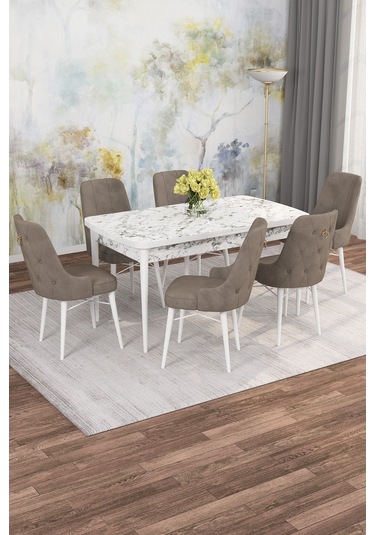 Mona Beyaz Mermer 80x132 Açılabilir Mdf Masa Yemek Odası Takımı, Mutfak Takımı 6 Adet Sandalye Beyaz Mermer - 6 Cappuccino - Beyaz Ayak Mona Beyaz Mermer 80x132 Açılabilir Mdf Masa Yemek Odası Takımı, Mutfak Takımı 6 Adet Sandalye Beyaz Mermer - 6 Cappuccino - Beyaz Ayak