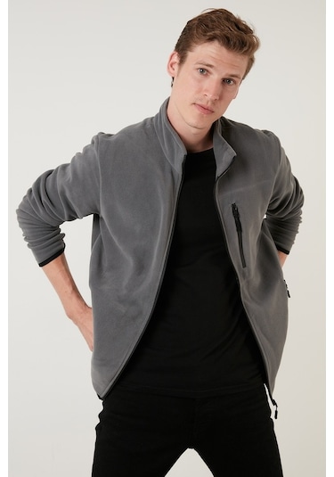 Buratti Slim Fit Fermuarlı Cepli Dik Yaka Polar Erkek Hırka 5906028 Gri