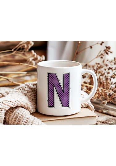 N Harfi Mor Puantiyeli Kupa Bardak - Polka Dot Tasarım Kahve Çay Bardak - Kişiye Özel Hediyelik Beyaz