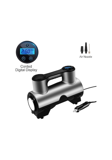 Wezone Oto Lastik Pompa 12v Kablolu Dijital Göstergeli Otomatik Doldurma Ve Durma Led Işıklı 3 Fişli Gri-siyah St-211