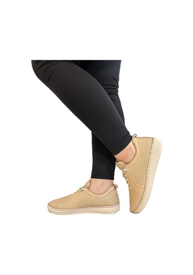 Voyager Z094 Bej Hakiki Deri Lazer İşlemeli Bayan Ayakkabı Bej