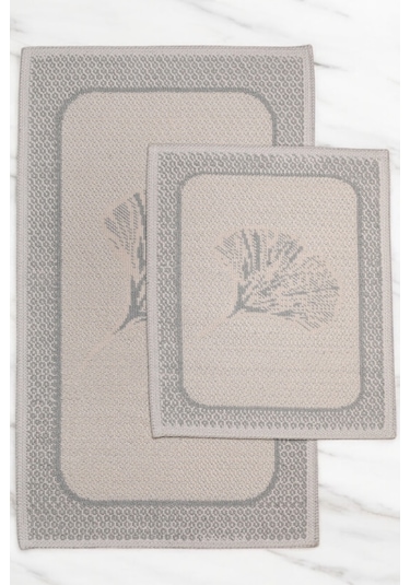 Naturel Pamuklu Kilim Yıkanabilir Banyo Paspası 2'li Klozet Takımı 60x100-50x60cm Çiçekli Bej