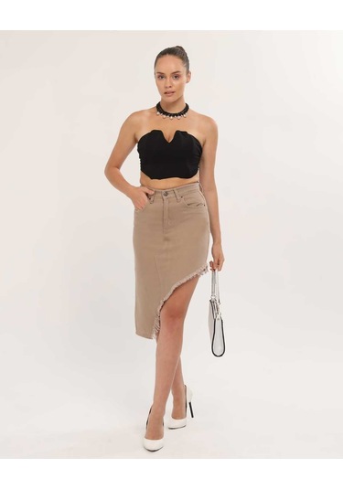 Shevega Kadın Krem Etek Püskül Asimetrik Kesim Keten Etek Krem