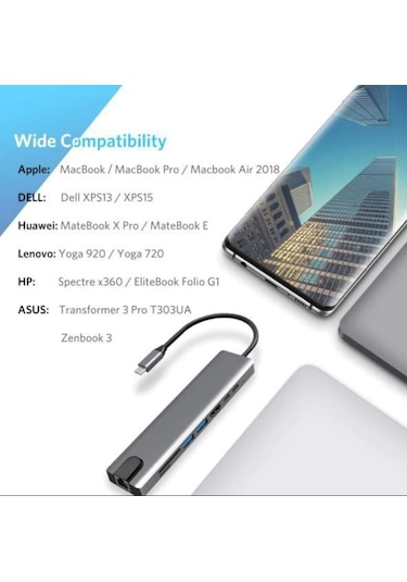 Grc Accessory 8 in 1 4K Type C USB 3.0 Hub HDMI RJ45 SDTF Adaptörü
