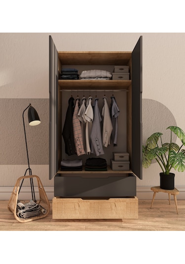Flora 2 Kapaklı 2 Çekmeceli Gardırop Safir Meşe - Antrasit Elbise