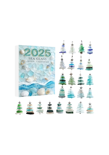 Moveevo 2025 Deniz Camı 2d Noel Ağaçlı Advant Kalenderi - Akrilik Askı Ve Kutu Seti Mavi Tonu