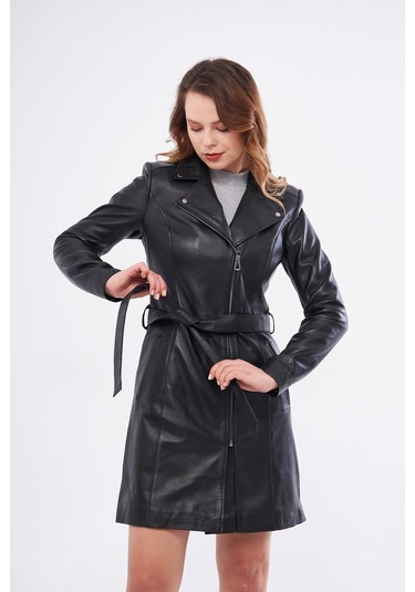 Derinss Dka2391 Hakiki Deri Kadın Siyah Pardesü 001