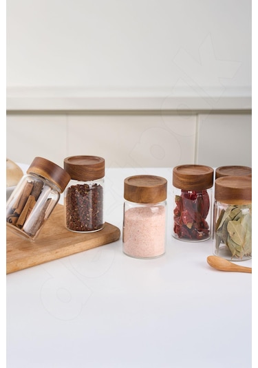 Akasya 6 Adet 300 Ml Cam Baharatlık - Akasya Rengi - Yuvarlak Çok Renkli