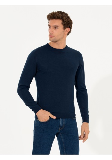 Cacharel Lacivert Slim Fit Bisiklet Yaka Basic Triko Kazak