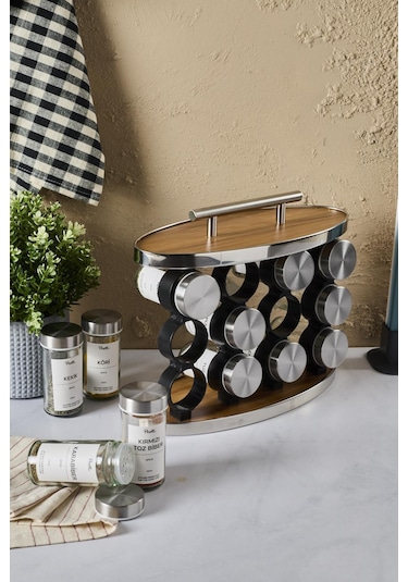 Ahşap Döner Standlı Oval Cam Metal Kapaklı Casa Wood 12 Li Standlı Baharatlık Düzenleyici Ahşap - Gri