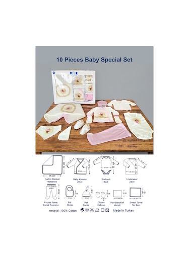 10 Parça Pembe Çiçek Hastane Çıkışı Ve 4 Parça Bebek Bornoz Seti Ekru - Pembe