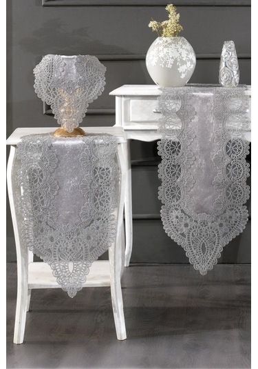 Fransız Güpürlü Kadife Luna Salon Takımı 5 Parça Gri Gri