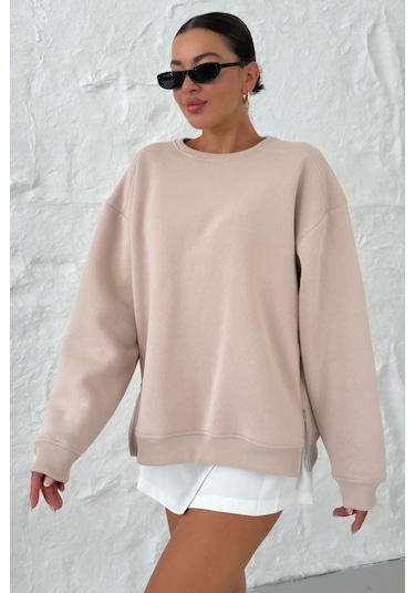 Modagen Kadın Bej Bisiklet Yaka Yanı Yarım Fermuar Detaylı Sweatshirt Bej
