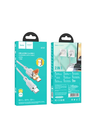 Hoco. U131 1.2m 2in1 Usb Ve Type-c To Type-c Şarj Data Kablosu - Gri