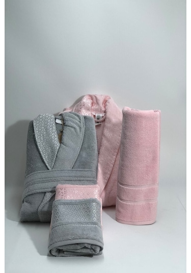 Camellia Aile Bornoz Seti Gri Pembe Gri - Pembe