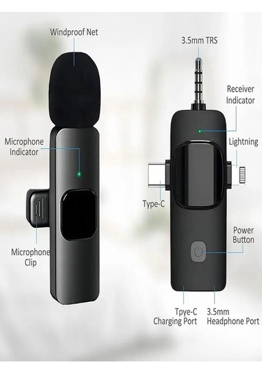 2'li Kablosuz 3in1 Yaka Mikrofonu Type-c Lighting 3.5mm Jack Uyum