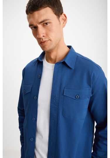 GRIMELANGE Nader Erkek Kalın Dokuma Kanvas Kumaşlı Gömlek Tipi Mavi Ceket Mavi