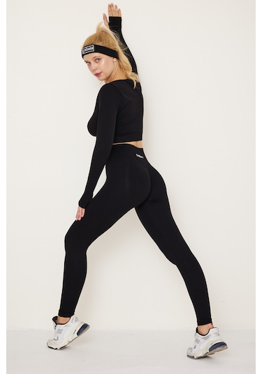Siyah Kalçası Büzgülü Push Up Kalça Şekillendirici Tayt Seamless F