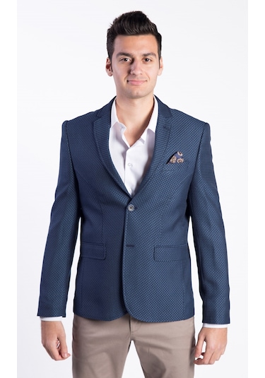 Sposo G-207 Dar Kalıp Desenli İndigo Erkek Blazer Ceket İndigo