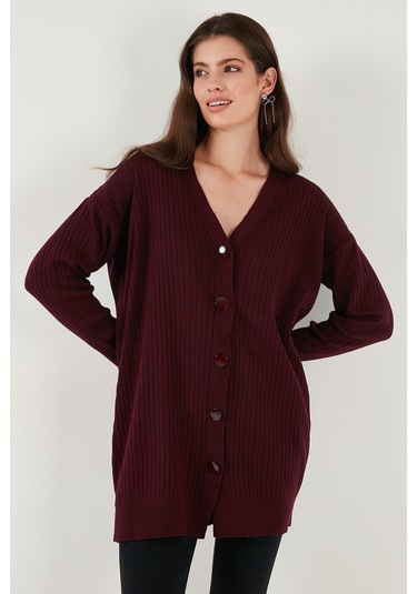 Lela V Yaka Düğmeli Uzun Triko Bayan Hırka 4616040Y Bordo