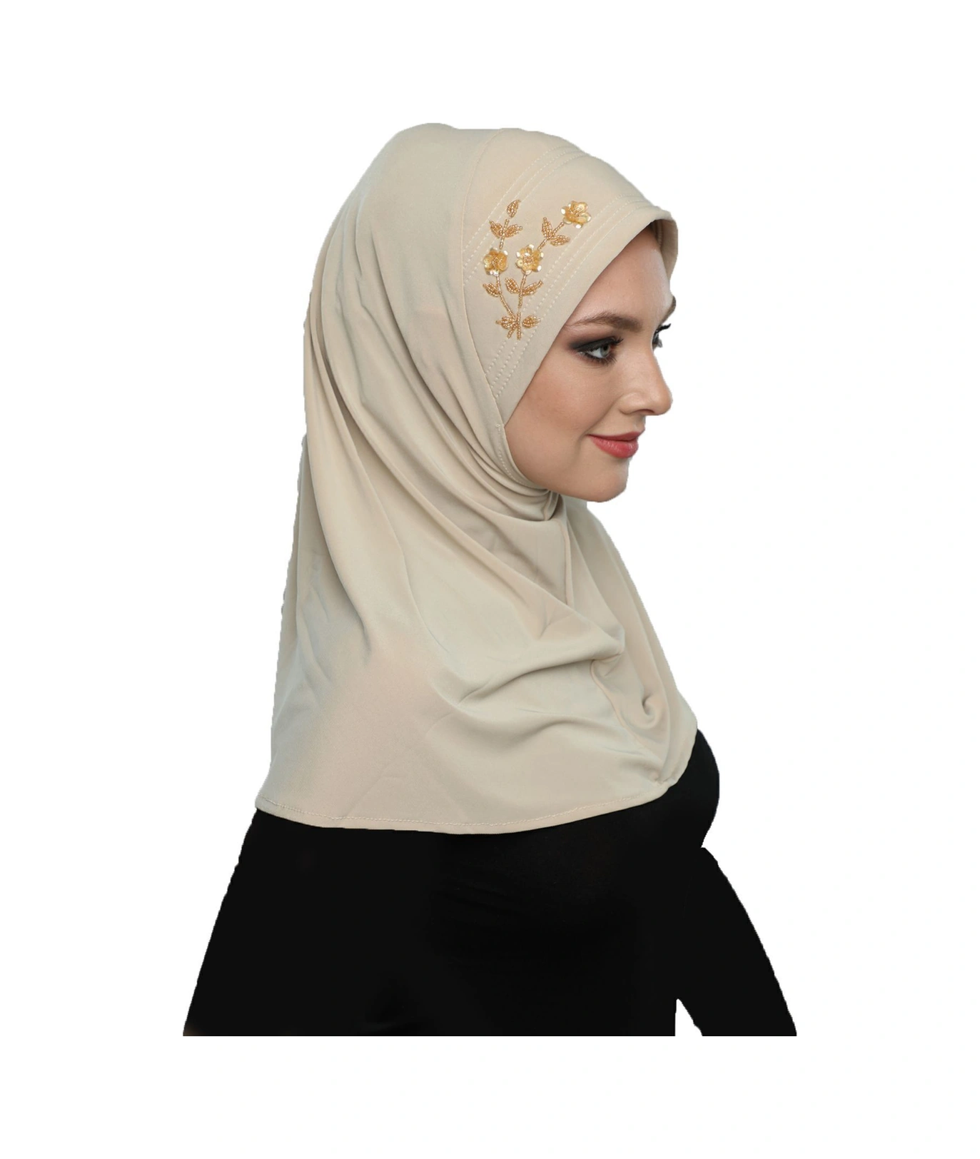 Takmatik Taşlı El Işi Boncuk Işlemeli Bej Hazır Türban Tesettür Bone Namaz Örtüsü Bej