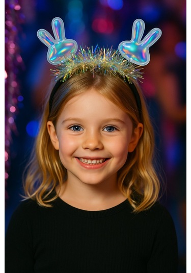 Kpop Korean Style Yılbaşı Yeni Yıl Çocuk Işıltılı Tavşan Kulaklı Taç Parti Aksesuarı Holografik Model