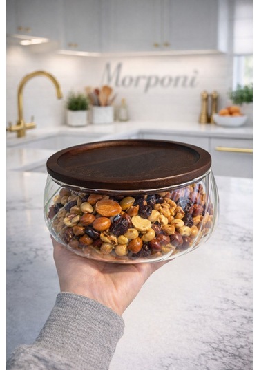Qerhome 2'li Borosilikat Cam Lüks Akasya Kapaklı Cam Kase - Sunumluk-salata Kasesi 18 Cm - 22 Cm Dalgalı Model Şeffaf